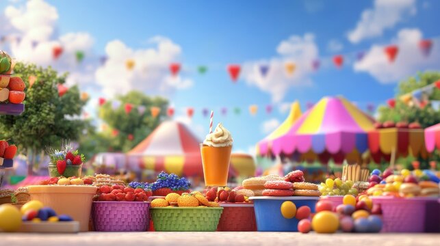 Vibrant food festival with assorted gourmet dishes and colorful decor