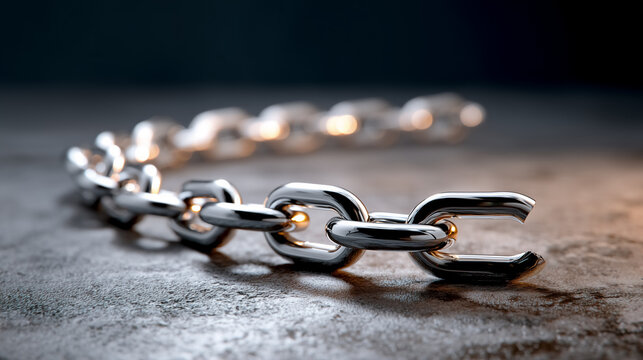 Silver chain lies on a dark textured surface, catching light and showcasing reflective links. Concept of jewelry design, metalwork, craftsmanship