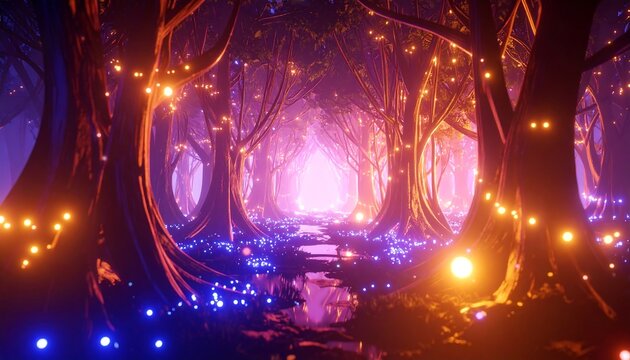 Enchanting glowing forest pathway