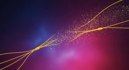 Golden glitter lines with bokeh effect on a purple and blue cosmic background. Abstract spirituality and positive affirmation concept.