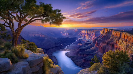 Naklejka premium Sunset casts warm hues over Grand Canyon landscape with majestic cliffs and winding river. Serene natural setting showcasing beauty of wilderness