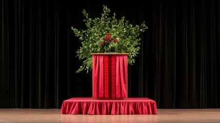 Elegant graduation stage with red podium and greenery