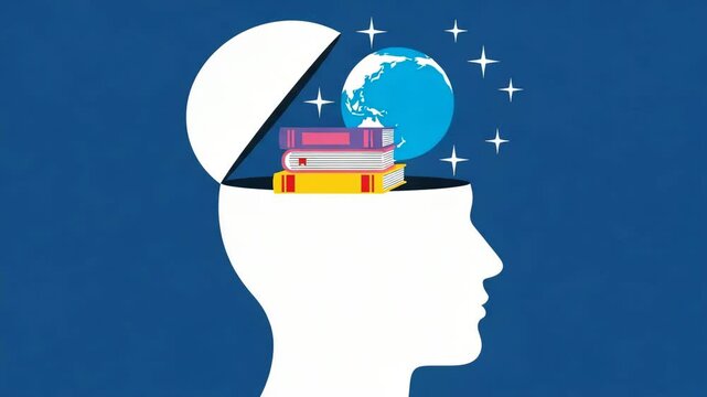 An open mind filled with books, a globe, and stars represents the vastness of knowledge and the power of education