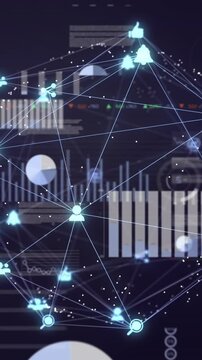 Animation of icons connected with lines forming globe and rotating over infographic interface