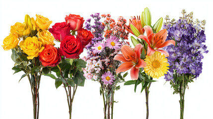 Obraz premium Assorted flower bouquets including roses, daisies, and lilies, isolated on tranparent background 