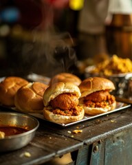 Golden buns stuffed with spicy fried potato patties, steaming hot with red chutney nearby, evoking authentic Mumbai flavors. 