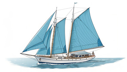 Obraz premium Illustration of a two masted sailing yacht with blue sails on the water against a white background