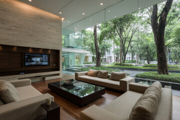 Fototapeta premium minimalist smart home featuring large that invite warm morning light into space