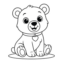 Naklejka premium Adorable Cartoon Bear with Heart Pendant Collar, Black and White Line Art Drawing of a Cute Sitting Teddy Bear Character