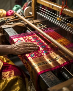 A traditional handloom weaving a luxurious red Banarasi saree with intricate golden floral motifs and hanging threads, capturing the skilled artistry and cultural heritage of Indian textile.