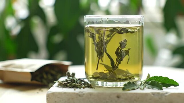 Glass of herbal tea with dried leaves and a package of loose tea