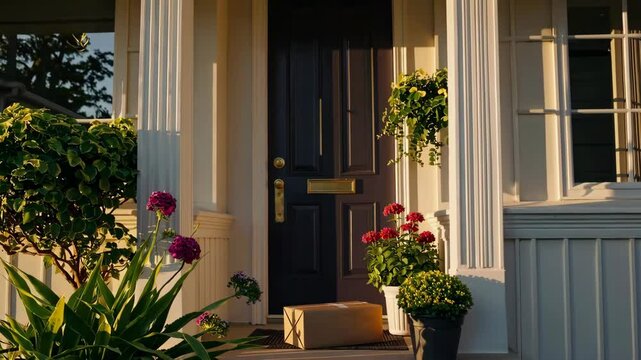 Evening parcel delivery at doorstep with sunlit surroundings and blooming flowers