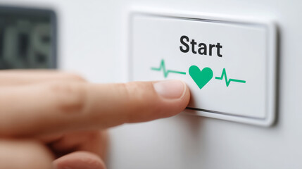 Finger pressing heartbeat monitor start button for vital signs check