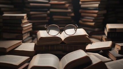 International book fair theme with stacked books and glasses