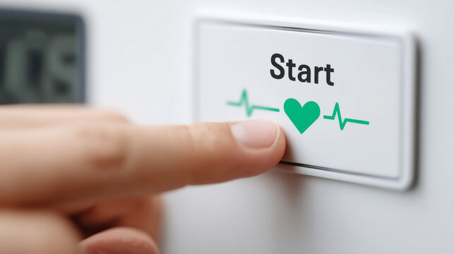 Finger pressing heartbeat monitor start button for vital signs check - Powered by Adobe
