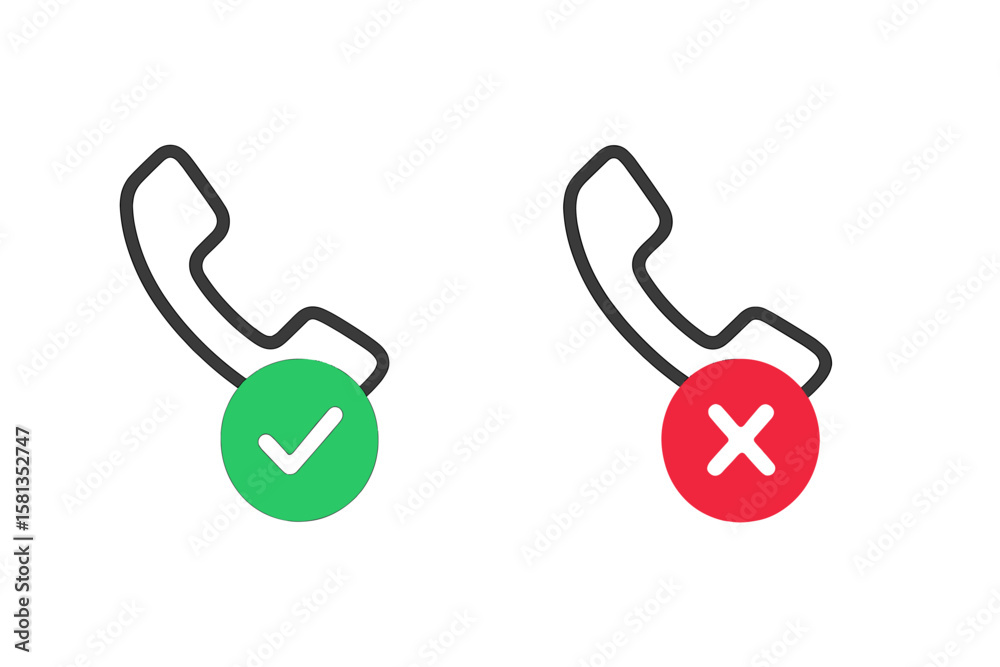 Poster accept and decline phone call button icon set. green check mark for answer and red cross for reject.