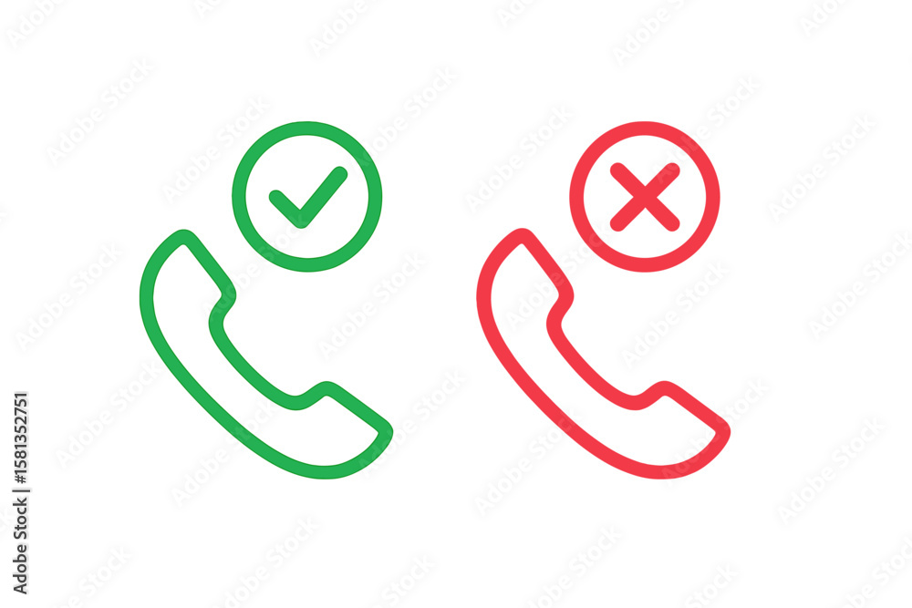 Poster accept and decline call icon for mobile app and ui. answer and reject phone buttons. green checkmark