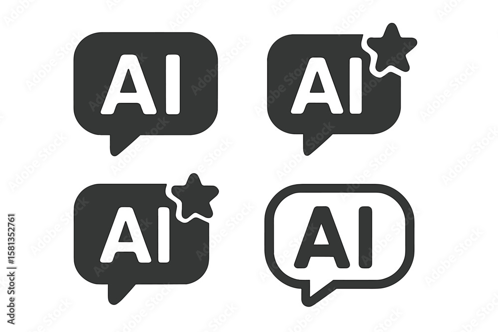 Poster ai message icon set. artificial intelligence chat assistant, text generator symbol with speech bubbl