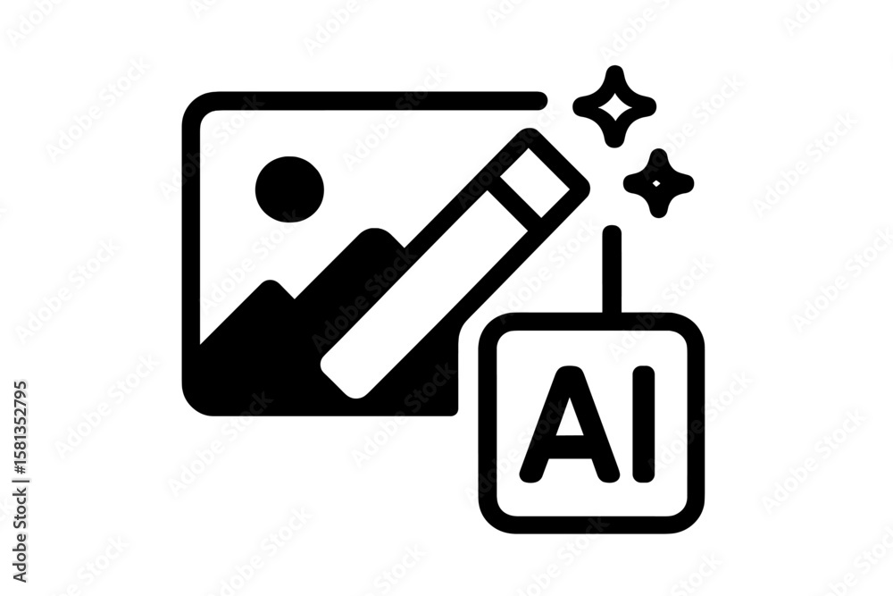 Poster ai image editing icon. photo enhancement with artificial intelligence. magic wand for automatic reto
