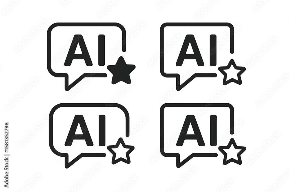 Poster ai message icon set. artificial intelligence chat assistant symbol. text generator with speech bubbl