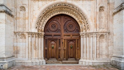 Fototapeta premium Ornate wooden double doors set within a grand stone arched entrance