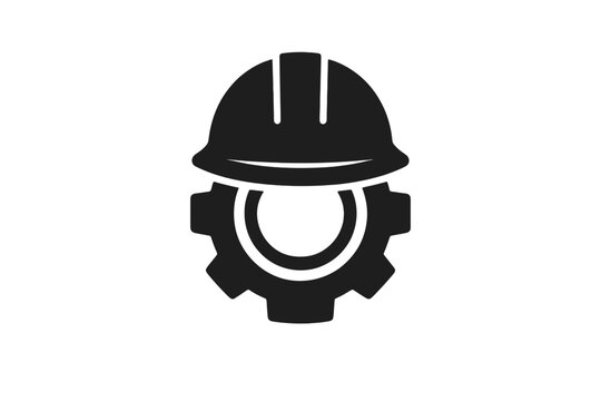 Construction logo icon with hard hat and gear. Industrial engineering symbol. Safety helmet for builder or worker. Simple vector graphic for manufacturing and development.