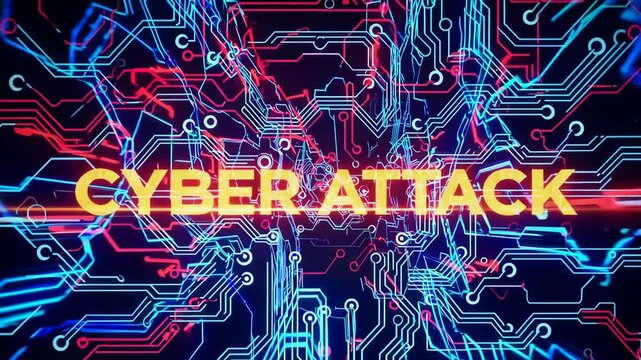 Dynamic cyberattack simulation with pulsating circuitry and glowing digital patterns
