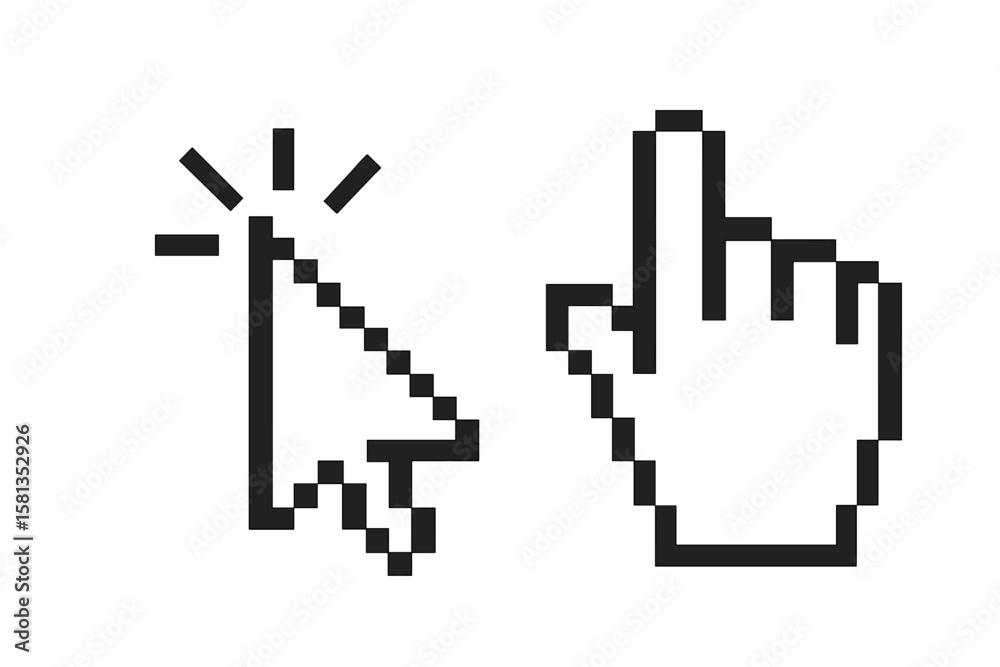 Fototapete Pixel cursor icon set. Computer mouse click arrow and hand pointer symbol. Retro 8-bit digital graphic for web design. User interface element. Vector isolated illustration.