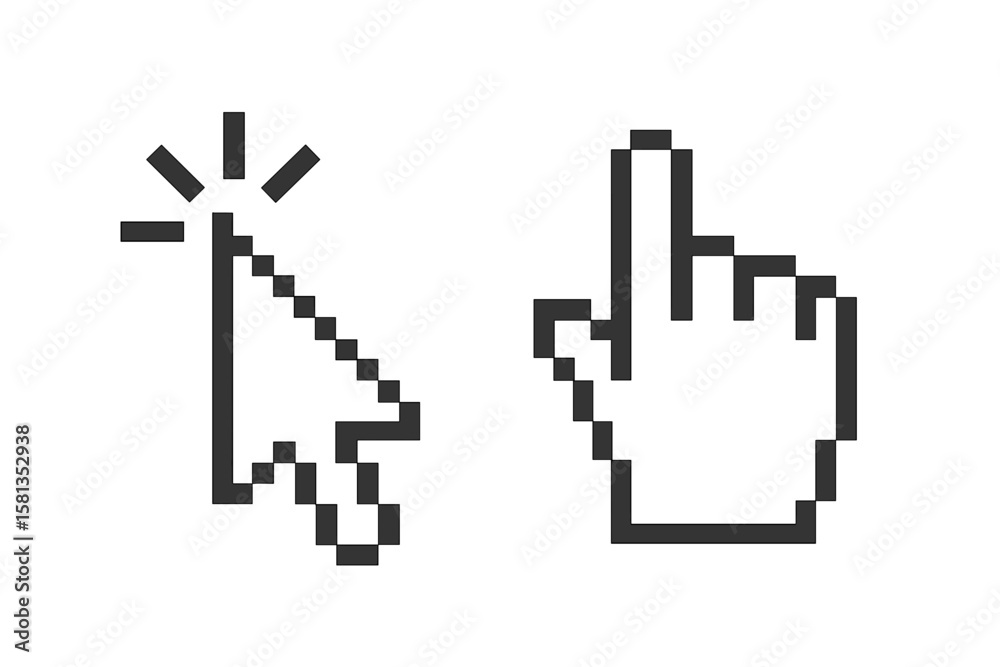 Fototapete Pixel cursor icons set. Computer mouse pointer hand and arrow. Retro 8-bit click symbol for web design. Vintage select button vector illustration for UI UX interface.