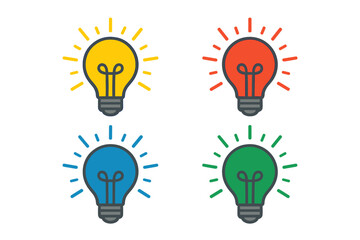 Colorful Light Bulb Icon Set, Creative Idea Concept, Innovation Symbol, Red Yellow Blue Green Bulbs, Vector Illustration, Transparent Background, Brainstorming, Inspiration, Design Elements