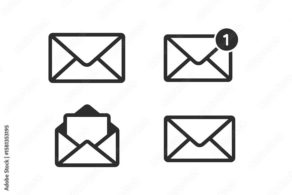 Poster mail icon set. email envelope message symbol. new incoming notification counter. open letter communi