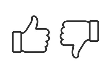 Thumbs Up and Down Outline Icons for Feedback, Like and Dislike Buttons, Positive and Negative Response, Social Media Approval, Vector Symbol, Transparent Background