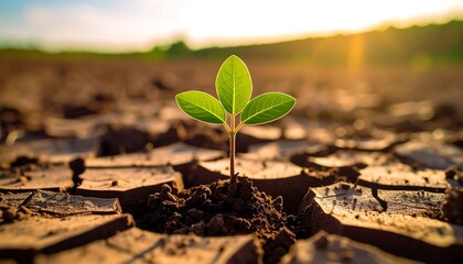 Young sprout emerging from cracked earth