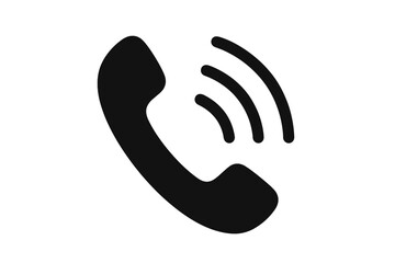Black Phone Call Icon with Signal Waves, Communication Symbol, Telephone Receiver, Contact, Hotline, Customer Support, Vector Isolated on Transparent Background