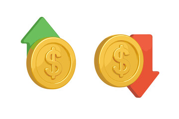 3D Dollar Coin with Up and Down Arrows, Financial Growth and Decline, Money Rate Change, Price Increase and Decrease, Cost Fluctuation, Economic Trend, Transparent Vector Illustration