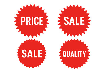 Red Starburst Price Sticker Set, Retro Sunburst Sale Badges, Quality Badge Vector Icons, Sale Price Tags, Promotional Starburst Labels on Transparent Background