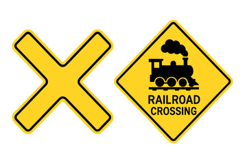 Railroad Crossing Warning Signs Vector Illustration. Yellow Railway Crossing Symbol, Train Icon, Railroad Level Crossing Ahead, Traffic Safety Signage, Isolated Transparent PNG