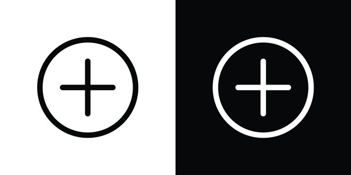 Plus icon pack with black and white editable stroke lines for graphic design work