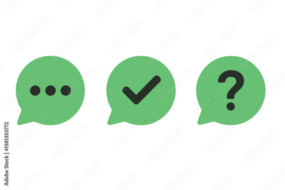 Poster chat bubble icon set for web and app ui design. message symbols with typing dots, check mark for con