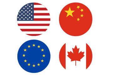 USA, China, EU, Canada round flags vector icon set. Concept of international trade conflict, import tariff war, economic sanctions, and global political relations.