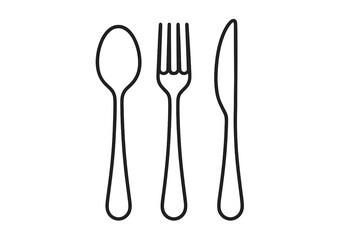 Essential dining cutlery set vector illustration: minimalist spoon, fork, and knife icons on transparent background, perfect for restaurant menus, kitchenware branding, and culinary designs