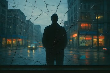 A Silhouette Standing Behind a Broken Storefront Glass with Layered Upside-Down City Reflections