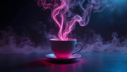 Enchanted Cup of Coffee with Mystical Vapor.A captivating image of a white teacup filled with a steaming hot beverage, emitting swirling, vibrant pink and purple vapor against a dark, moody background