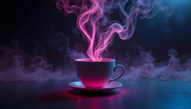 Enchanted Cup of Coffee with Mystical Vapor.A captivating image of a white teacup filled with a steaming hot beverage, emitting swirling, vibrant pink and purple vapor against a dark, moody background