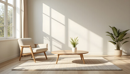 Modern, Minimalist Living Room with Natural Light.A serene and stylish living room featuring natural light streaming in, highlighting a neutral color palette.