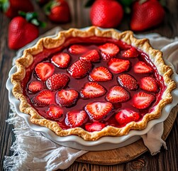 Strawberry pie with strawberry pieces on wooden table