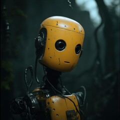 Futuristic ai robot exploring mysterious forest environment