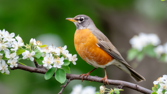 American robin on serviceberry branch with blossoms in springtime