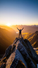 Adventurous hiker's silhouette against glowing sunrise on mountain peak