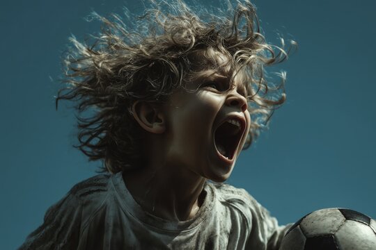 A young boy, soccer player, with football, is screaming with intense emotion, his hair flying wildly. The dramatic expression and dynamic pose create a sense of urgency and passion. - Powered by Adobe